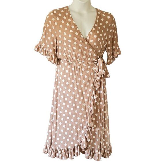The Shanty Corporation Wrap Dress Dusty Rose with White Polka Dots Ruffles Large - Picture 1 of 7